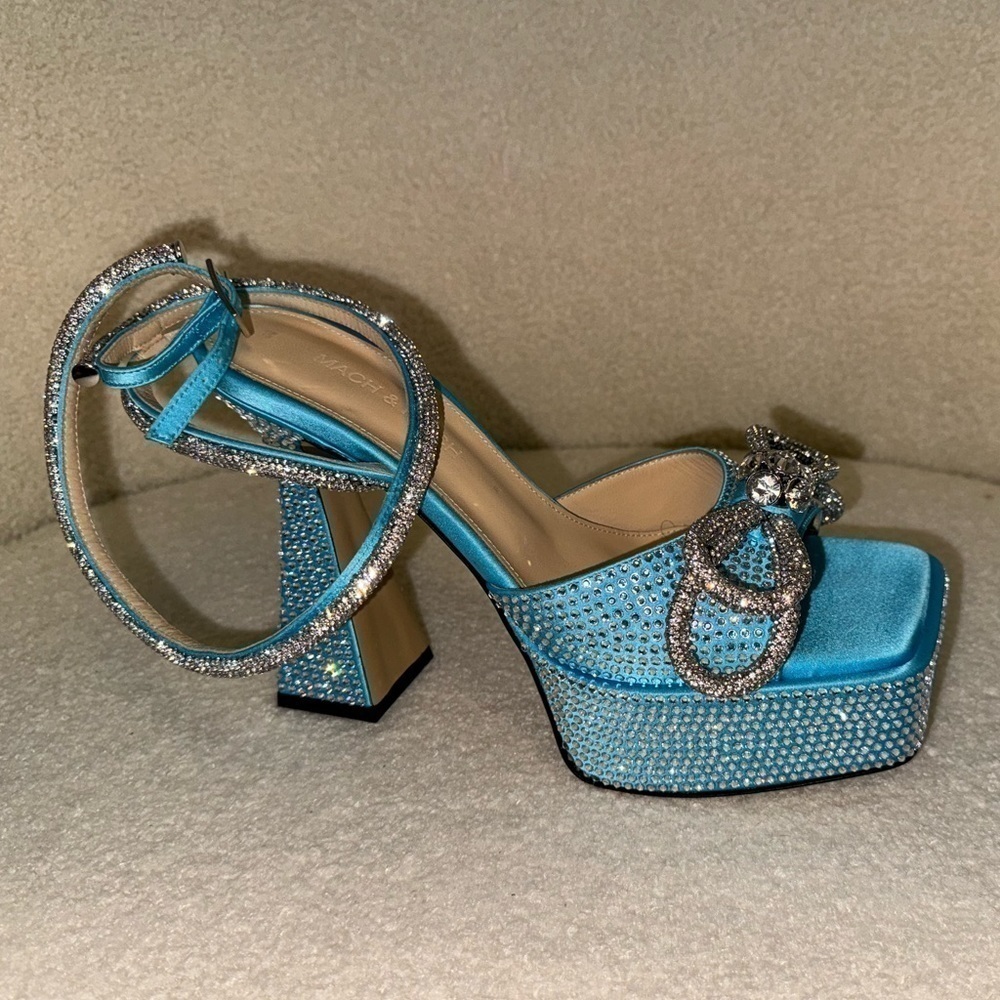 MACH & MACH 140 double bow open toe platform sandal heels blue sparkle 37.5 7.5